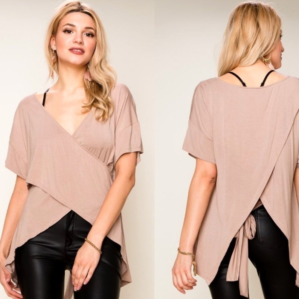 SOFT! NUDE/TAUPE HI LOW WRAP TOP
